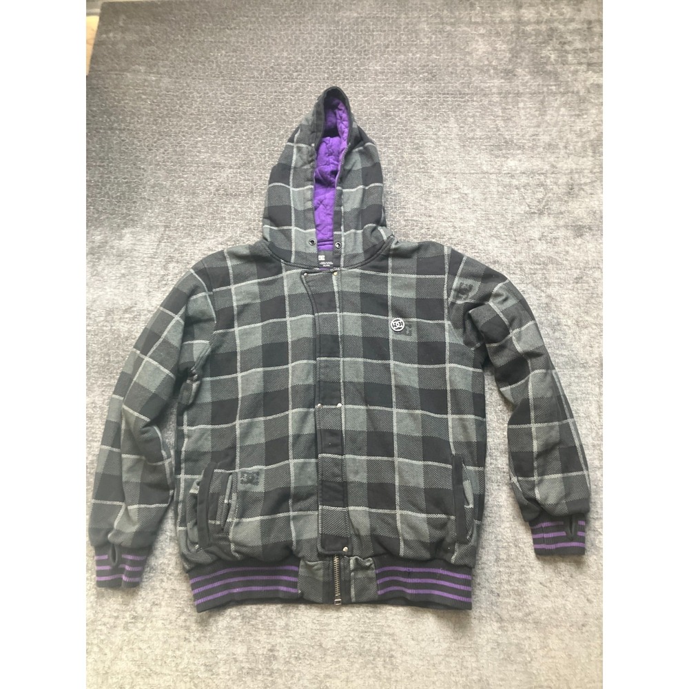 DC Shoes Jacket Men XL Black Gray Buffalo Plaid Quilted Lined Hooded Logo Zip Up